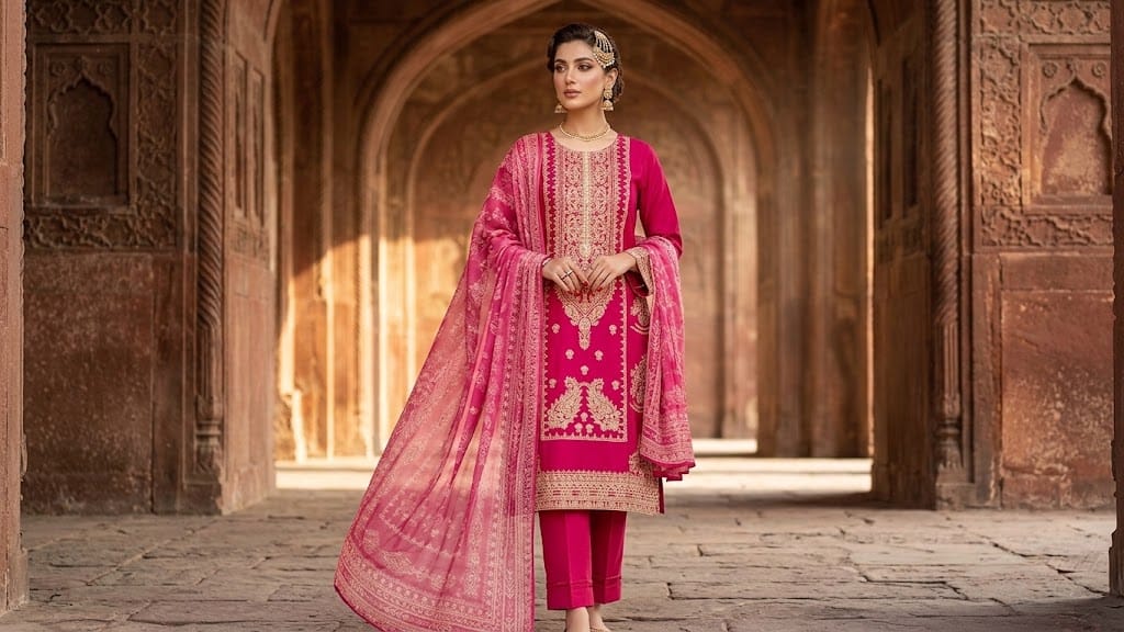 Pink embroidered cotton three-piece suit with printed chiffon dupatta, full-length view