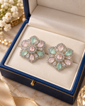 Mint & Blush Crystal Floral Stud Earrings | Silver-Tone Statement Earrings