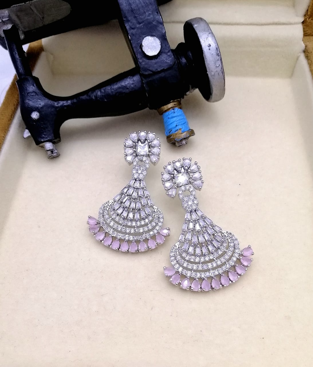 Silver & Blush Pink Crystal Jhumka Drop Earrings 025