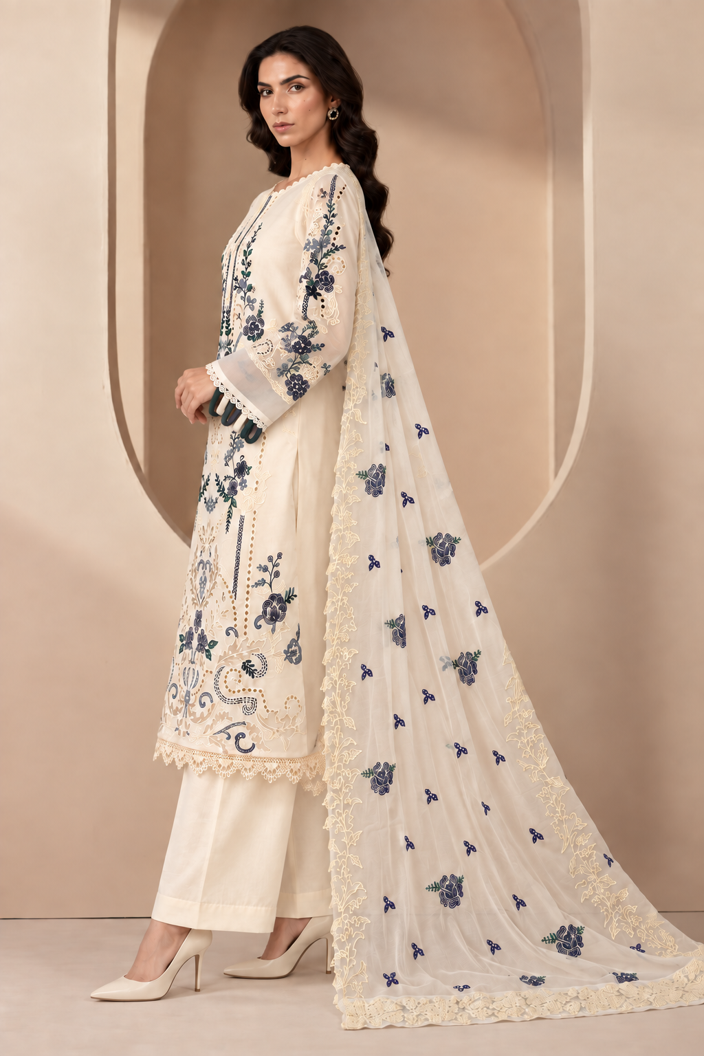 Cream floral embroidered chiffon three-piece suit with matching dupatta