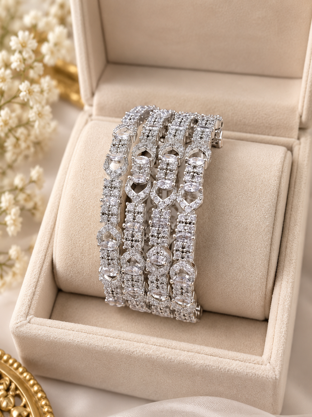 Silver Crystal Multi-Row Bangles | Luxury Bridal Bracelet Set