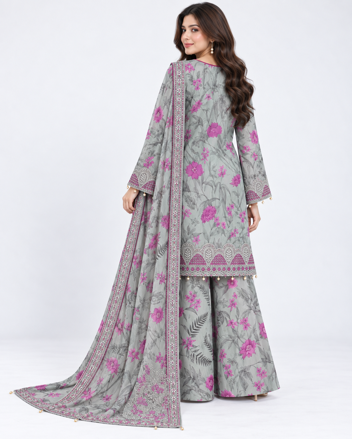 Back view of grey floral lawn outfit with palazzo trousers and dupatta