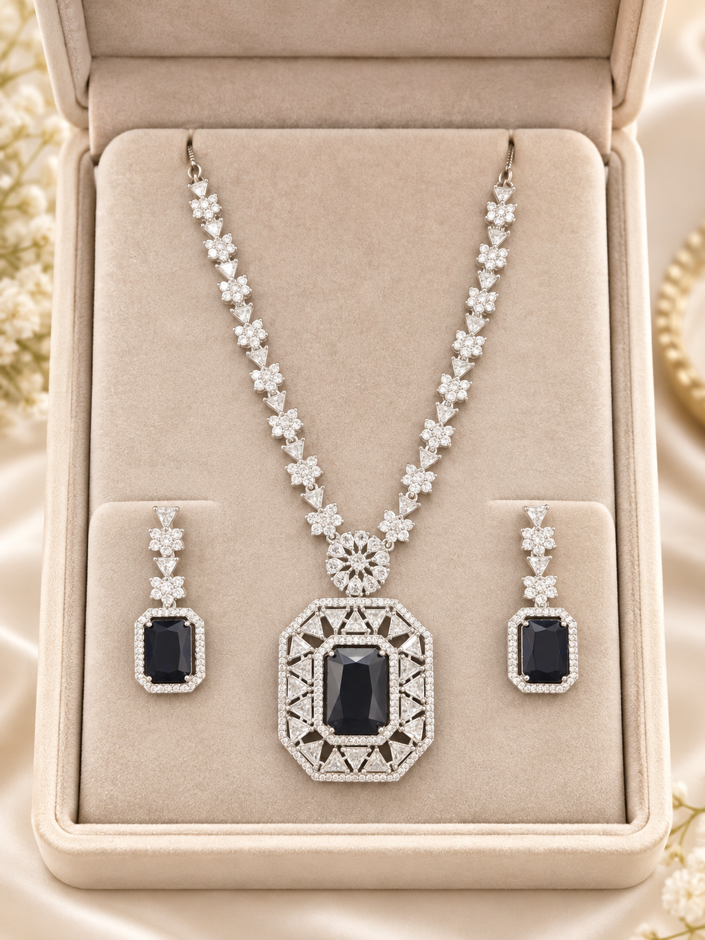 Dark Blue Stone Silver-Tone Statement Necklace & Earrings Set