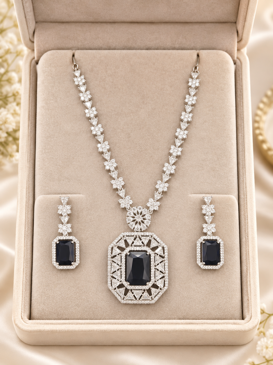 Dark Blue Stone Silver-Tone Statement Necklace & Earrings Set