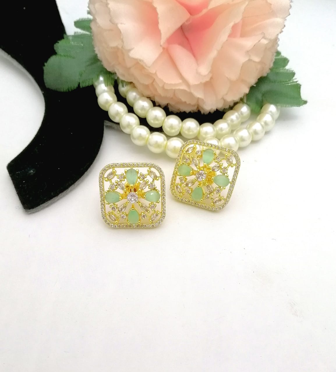 Mint Green Floral Crystal Square Stud Earrings
