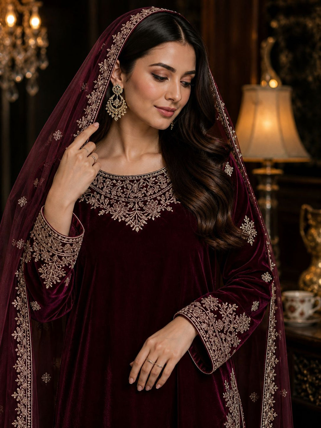 Pure Velvet 3-Piece Embroidered Suit | Thread & Sequence Work | Velvet Plazo + Chiffon Dupatta 2317