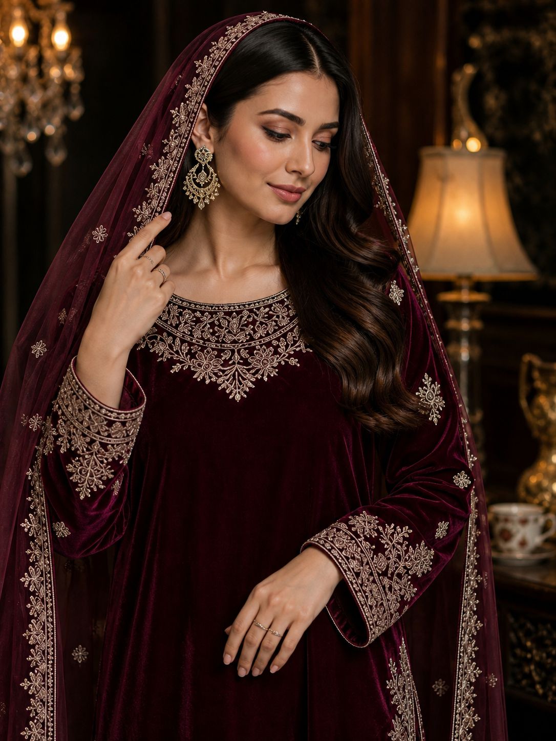 Pure Velvet 3-Piece Embroidered Suit | Thread & Sequence Work | Velvet Plazo + Chiffon Dupatta 2317