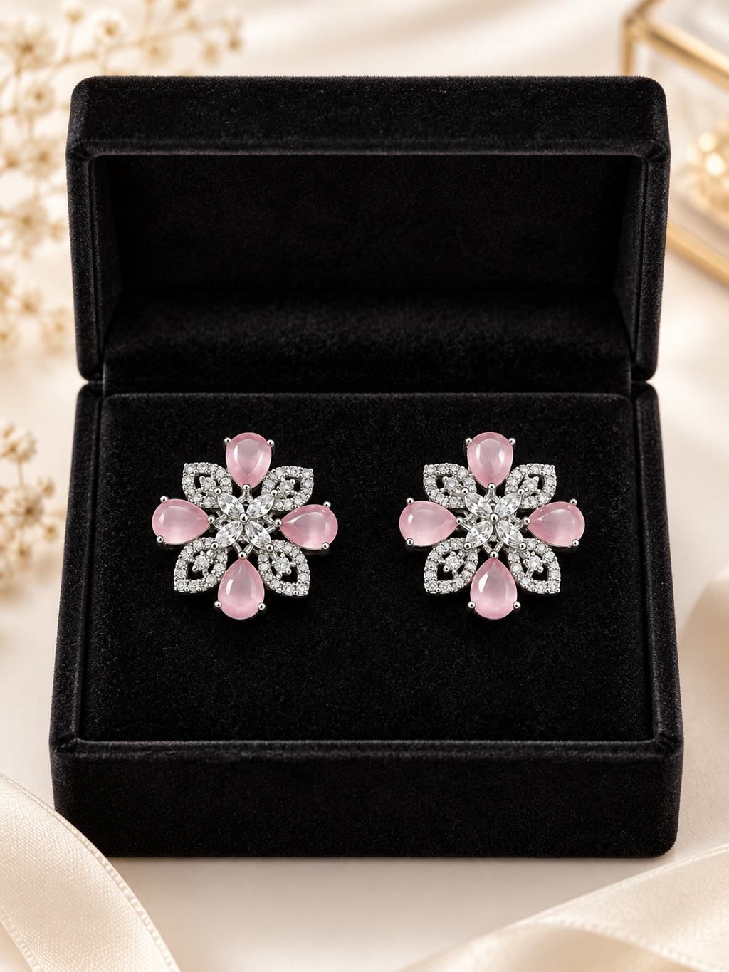 Blush Pink Floral Crystal Stud Earrings | Silver-Tone Statement Earrings