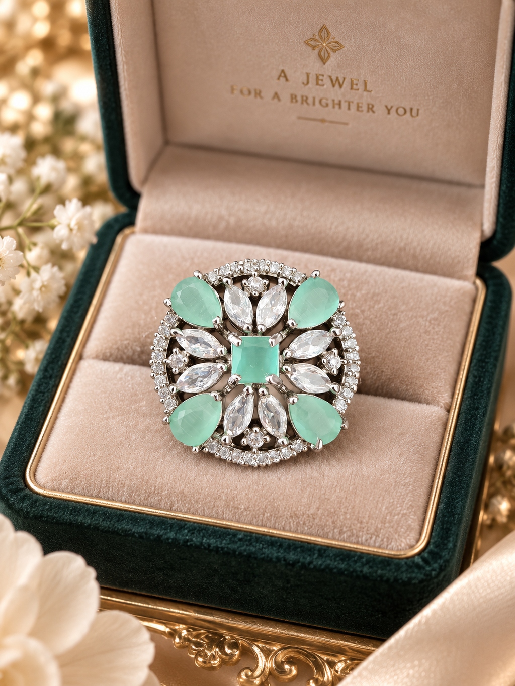 Mint Green Crystal Floral Statement Ring | Silver-Tone Cocktail Ring