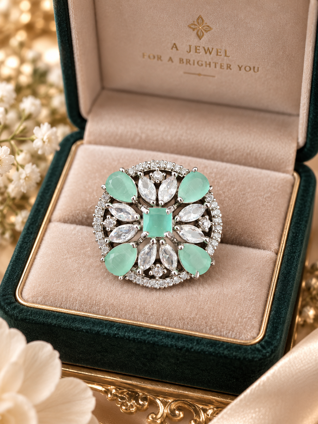 Mint Green Crystal Floral Statement Ring | Silver-Tone Cocktail Ring