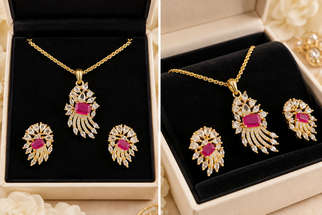 Two views of gold-colour pendant necklace and matching earrings with pink centre stones