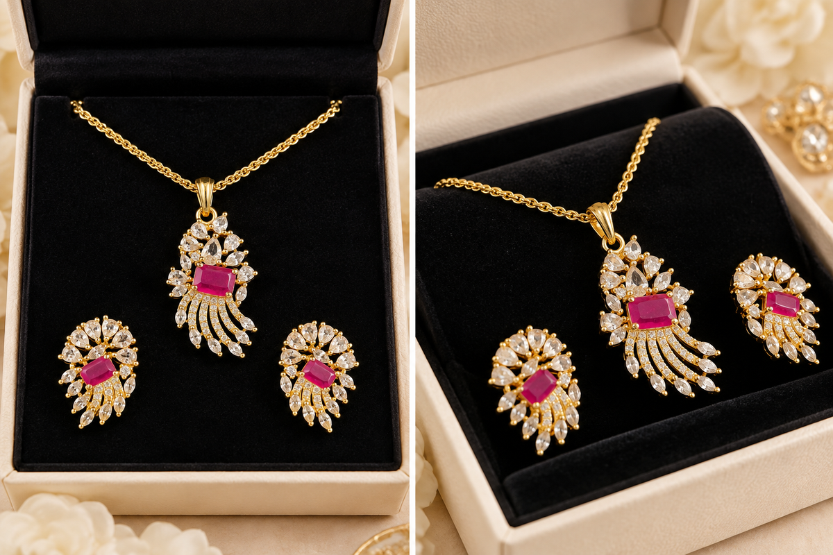 Two views of gold-colour pendant necklace and matching earrings with pink centre stones