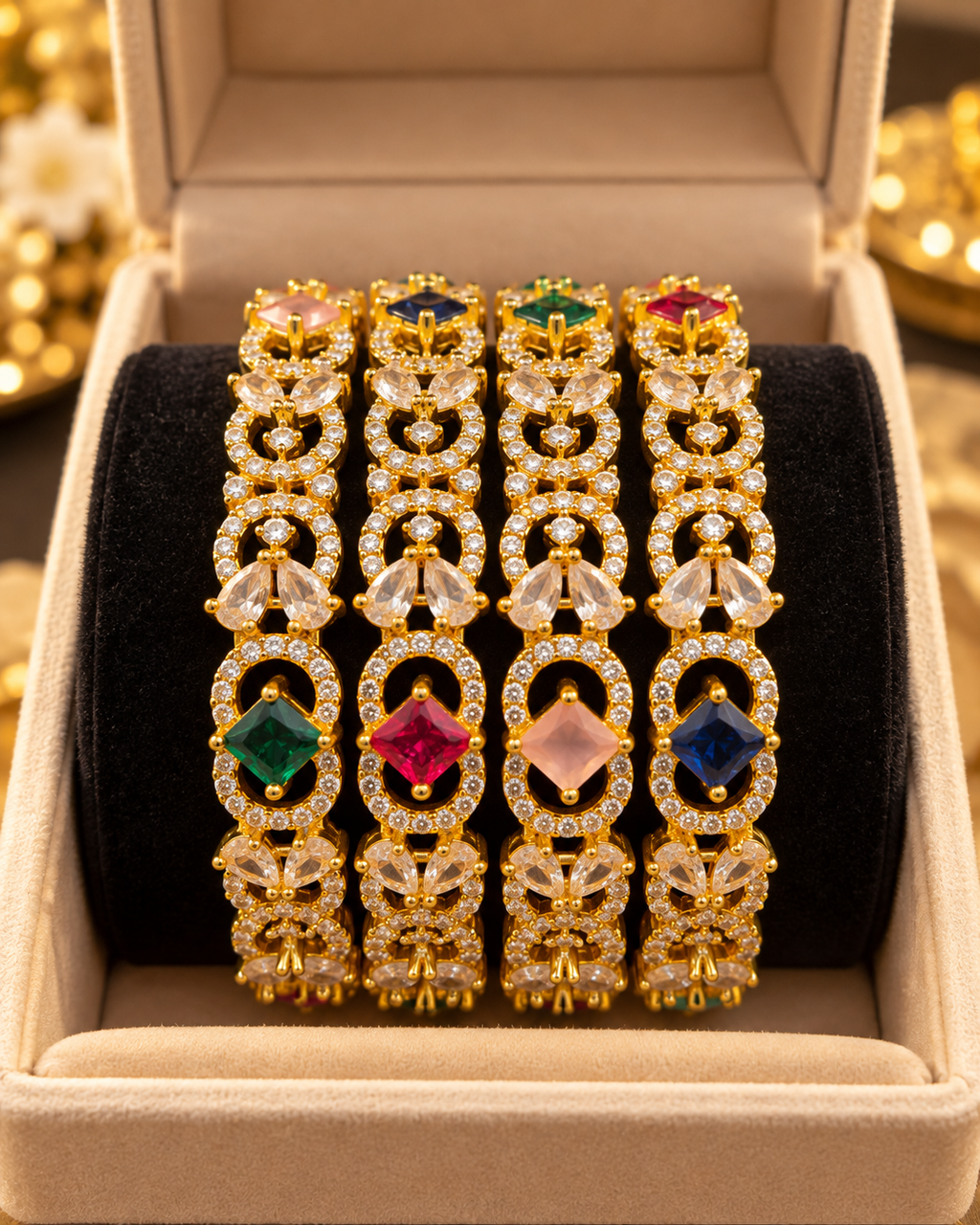 Gold multi-colour 4-piece bangle set in jewellery box