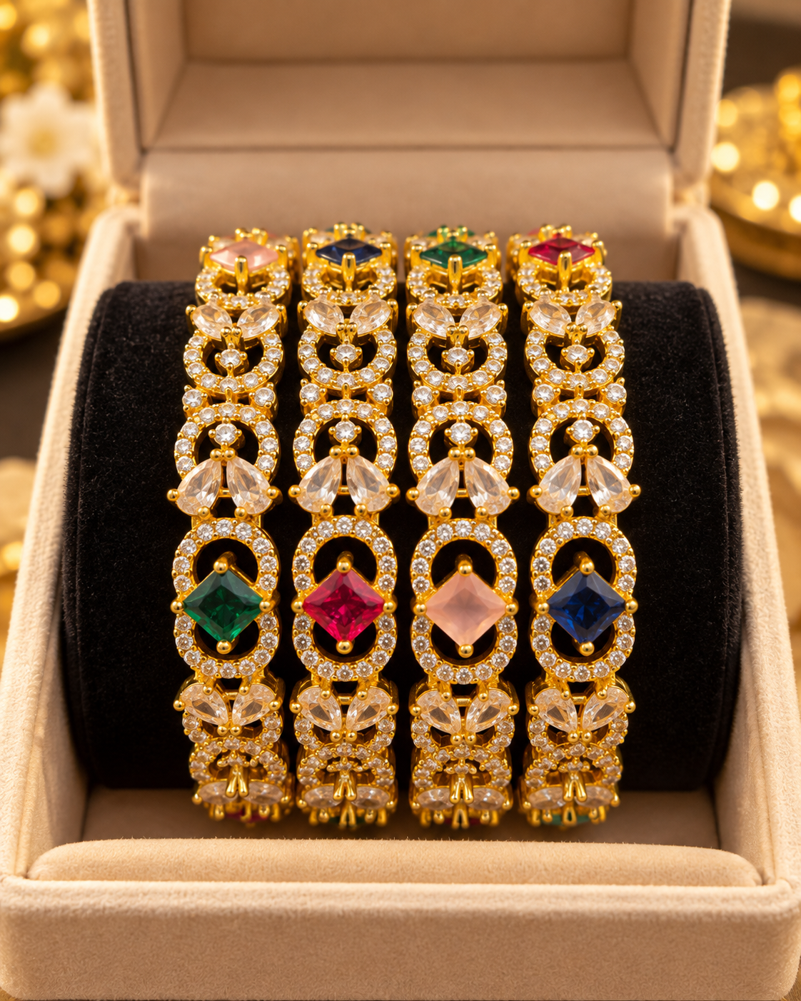 Gold multi-colour 4-piece bangle set in jewellery box
