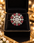 Silver and dark pink crystal statement ring in a jewellery box
