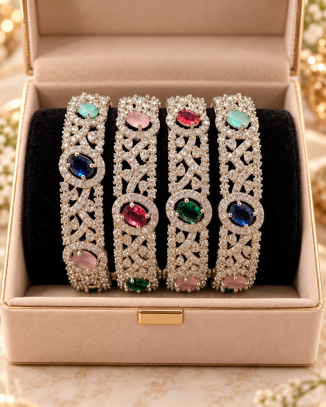Silver multi-colour 4-piece bangle set in jewellery box