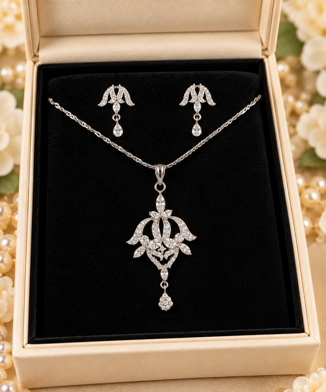 Silver-colour ornate pendant necklace with matching delicate drop earrings displayed in jewellery box