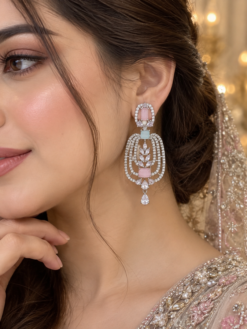 Luxury Pink & Aqua Crystal Drop Earrings | Silver-Tone Statement Earrings