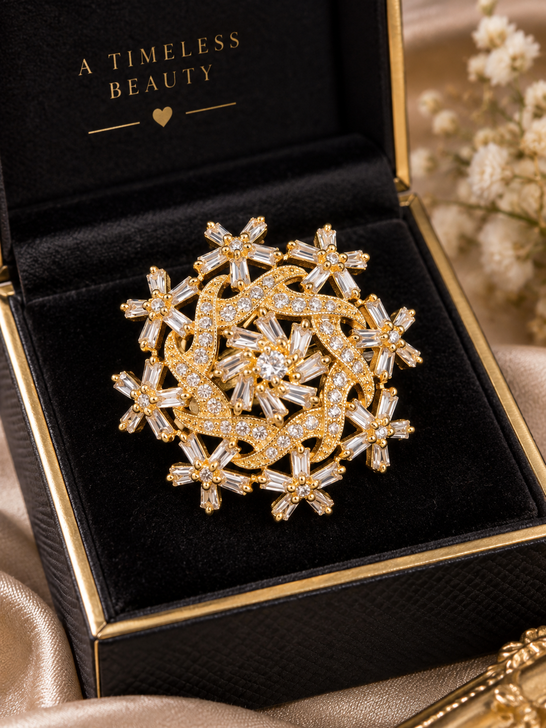Golden Crystal Floral Statement Ring | Luxury Baguette Cocktail Ring