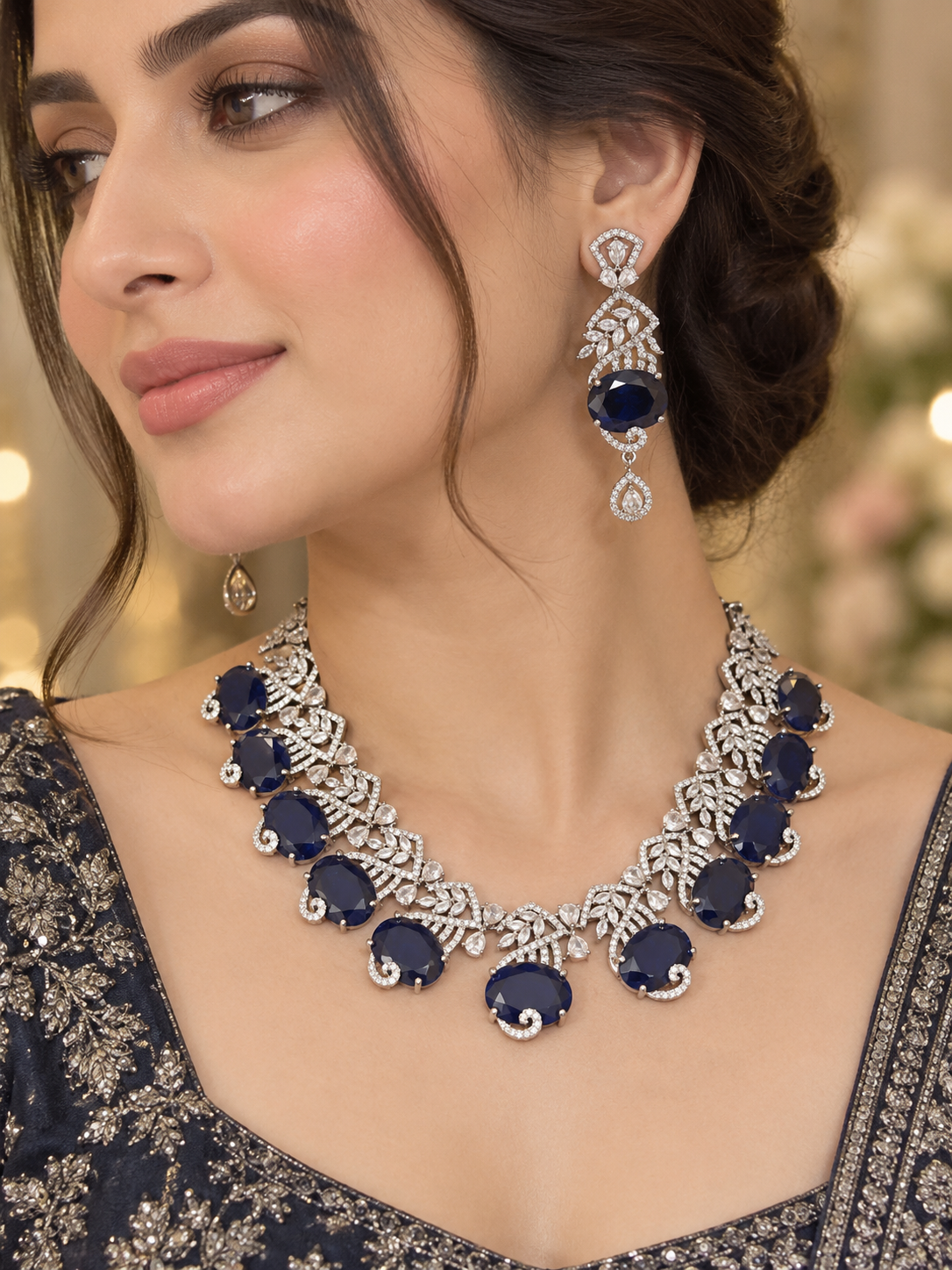 Midnight Sapphire Crystal Statement Necklace & Earrings Set