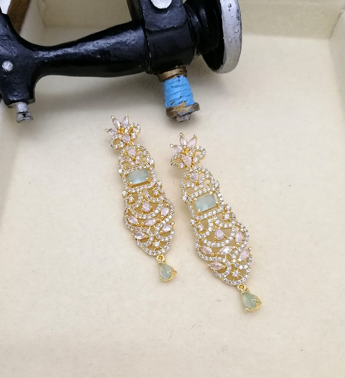 Luxury Gold-Tone Mint & Blush Crystal Long Drop Earrings 023