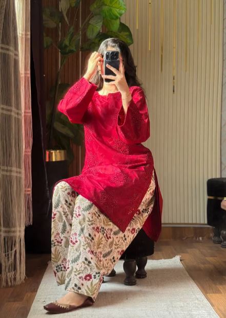 Red Printed Cotton Lawn Shirt & Farshi Shalwar 2-Piece 613