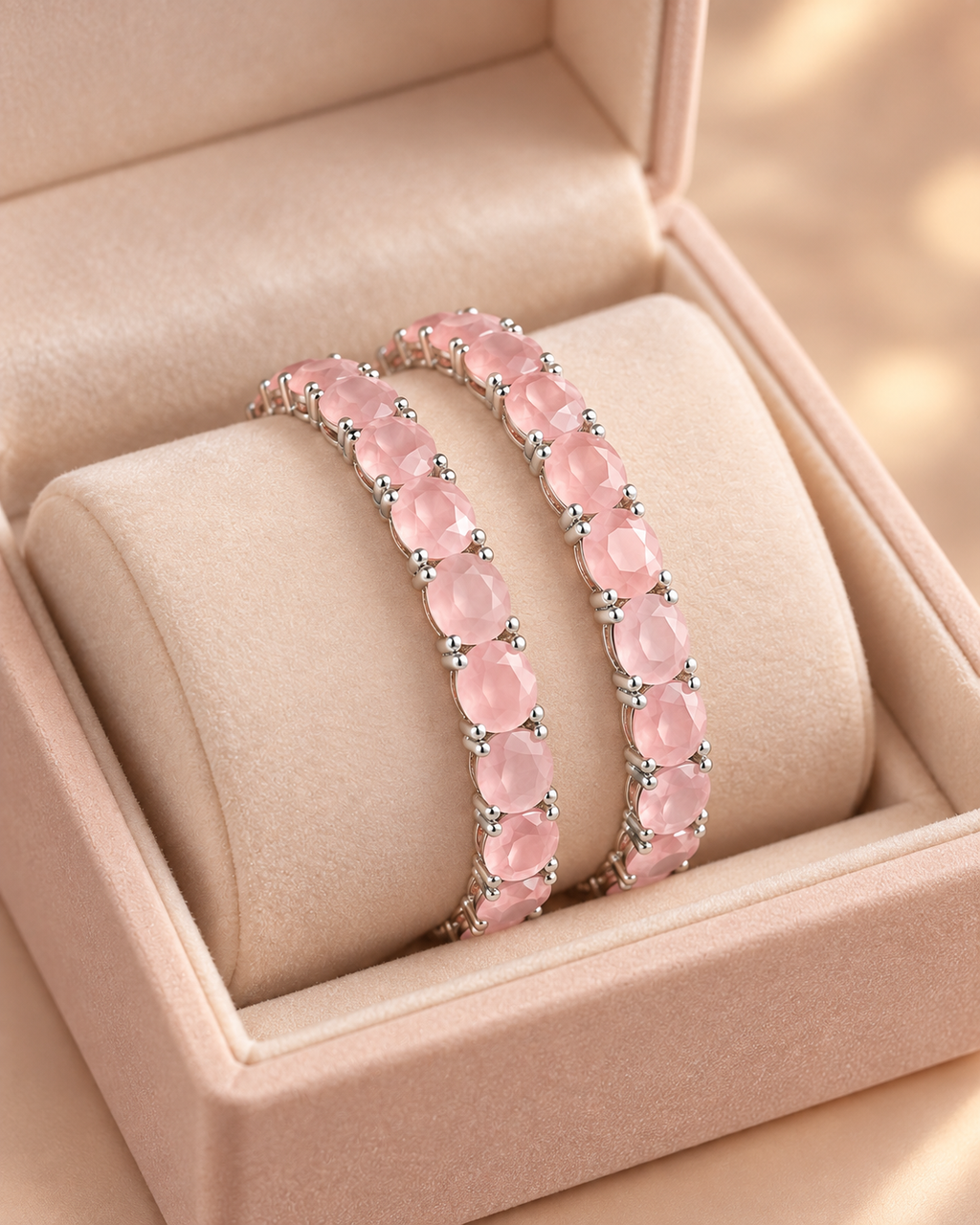 Pink silver 2-piece bangle set with real stones in a jewellery box