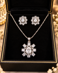 Silver crystal flower pendant necklace and matching earrings in a jewellery box