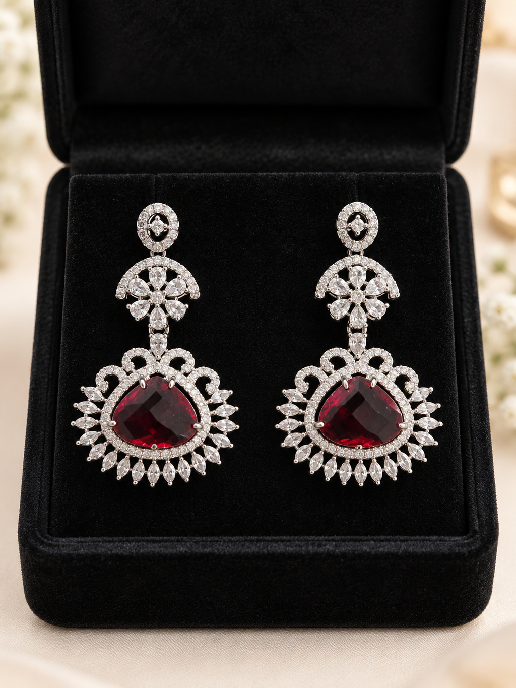 Ruby Red Crystal Drop Earrings | Silver-Tone Bridal Statement Earrings