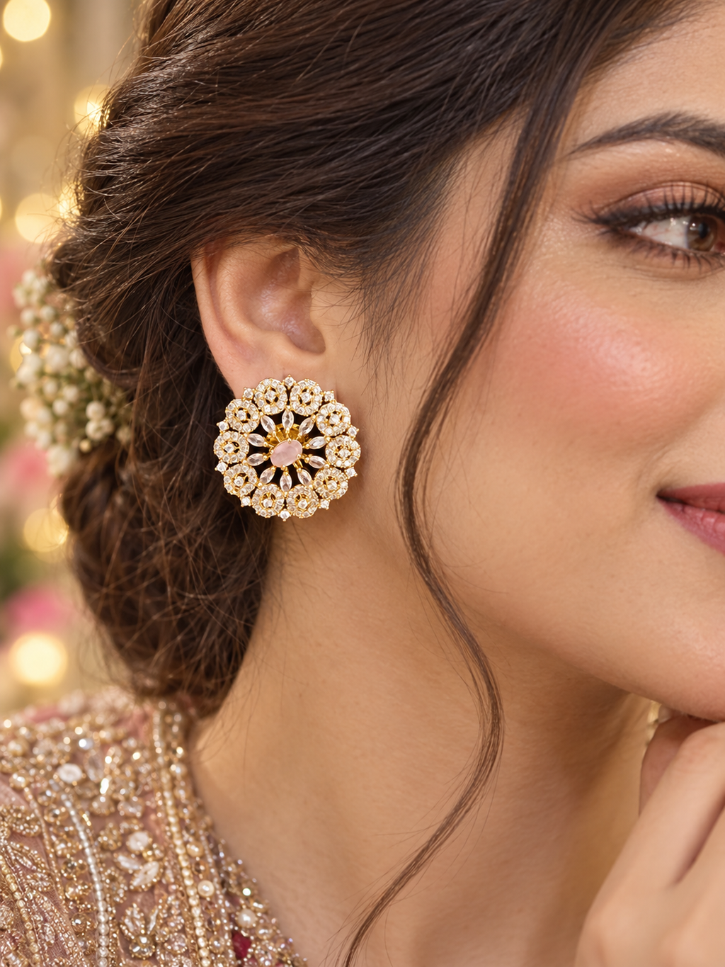 Blush Pink & Gold Crystal Floral Stud Earrings | Luxury Round Statement Earrings