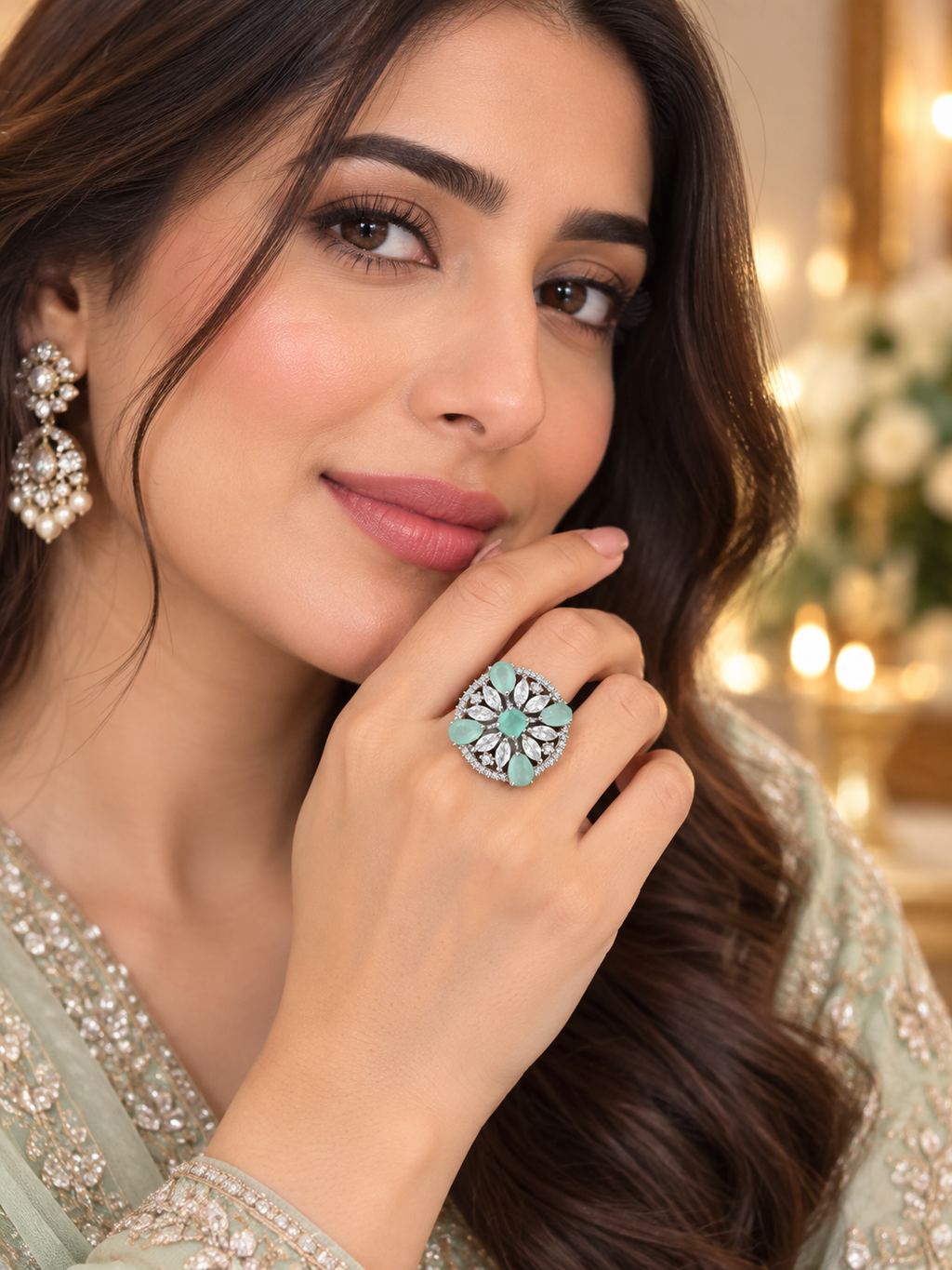 Mint Green Crystal Floral Statement Ring | Silver-Tone Cocktail Ring