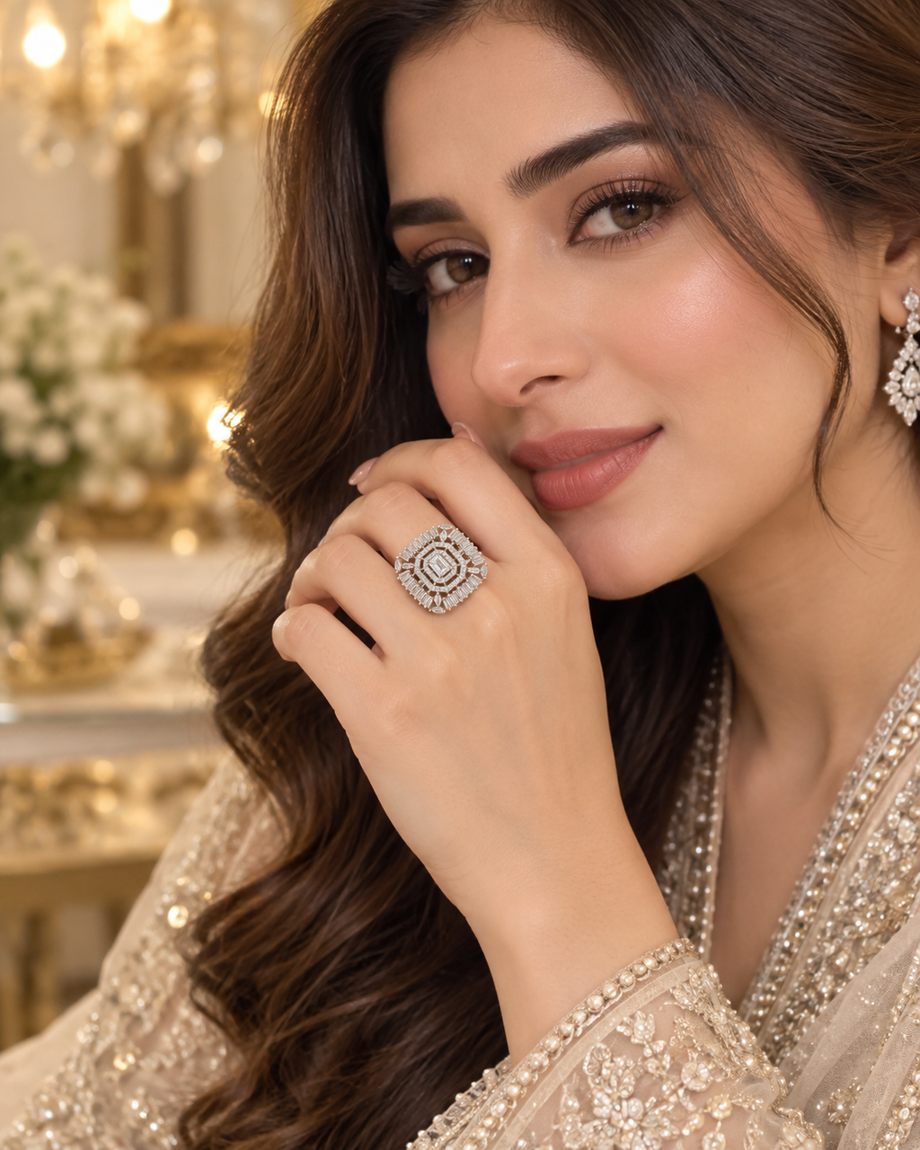 Luxury Silver Crystal Statement Ring | Emerald-Cut Halo Baguette Design