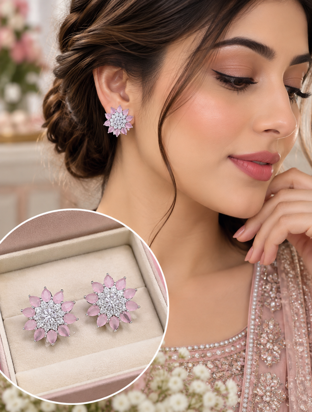 Blush Pink Crystal Floral Statement Stud Earrings 028