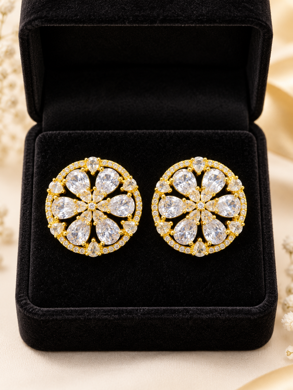Gold-Tone Crystal Floral Stud Earrings | Luxury Round Statement Earrings
