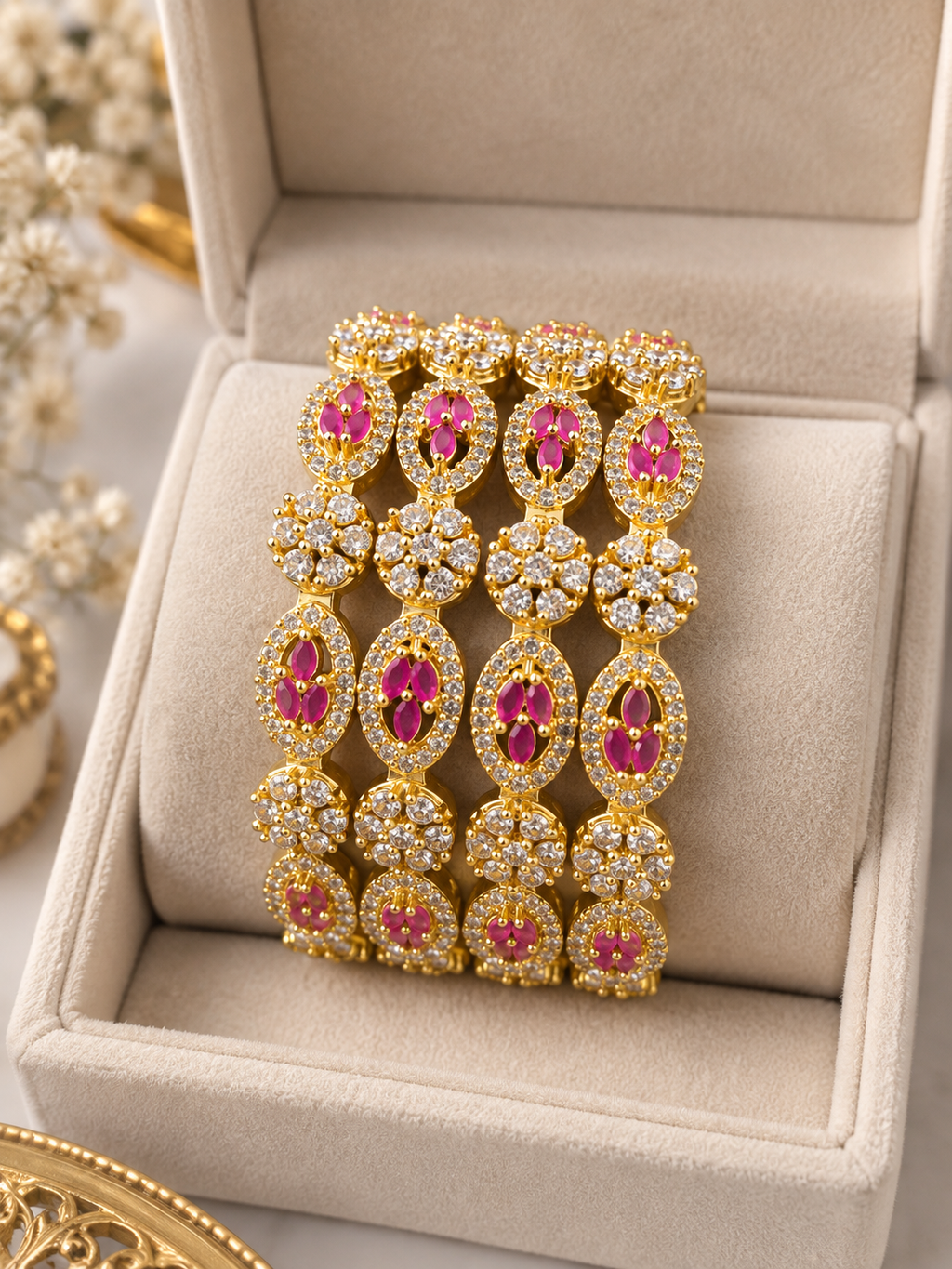 Ruby Pink & Crystal Gold-Tone Bangles | Luxury Bridal Stackable Bracelet Set