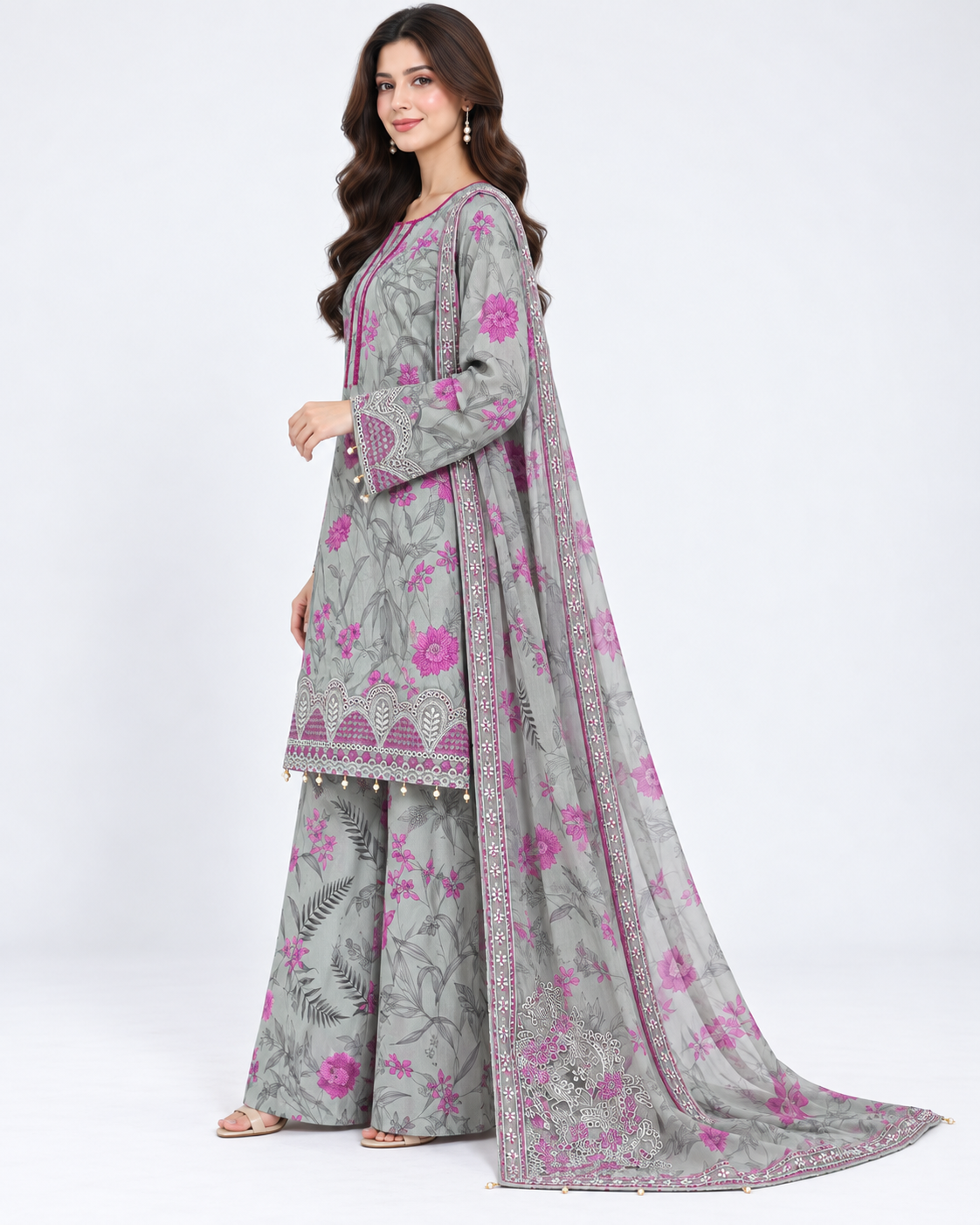Side view of grey floral lawn outfit with palazzo trousers and dupatta