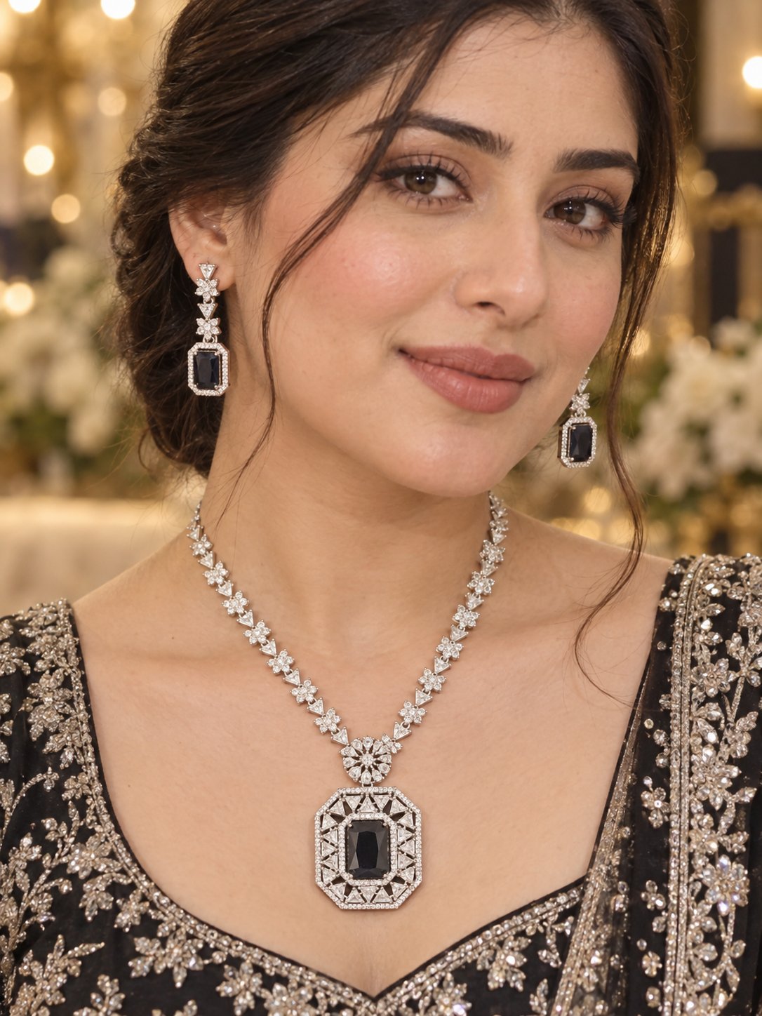 Dark Blue Stone Silver-Tone Statement Necklace & Earrings Set