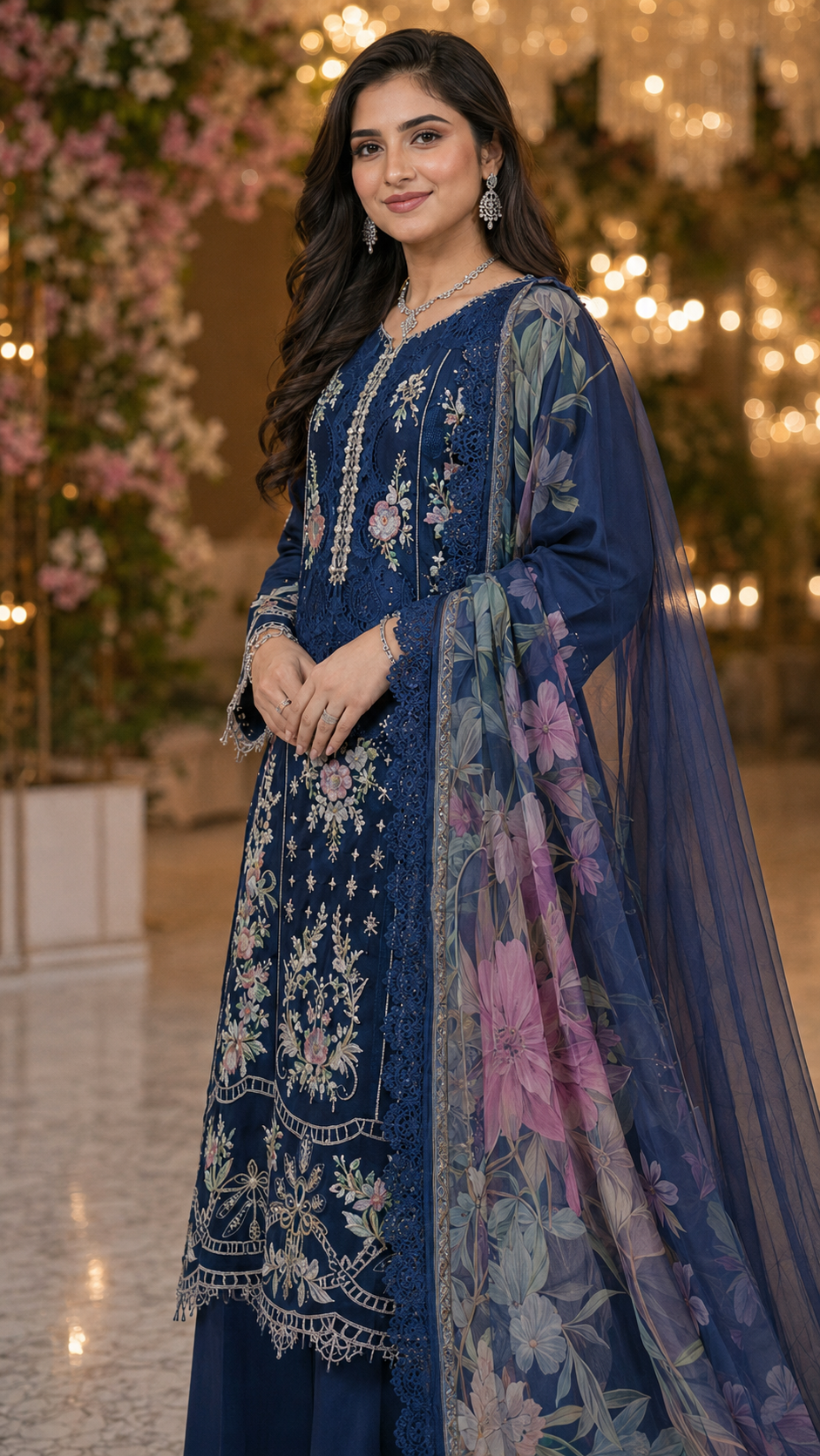 3pc Chiffon Embroidered Formal Dress 4352 BLUE