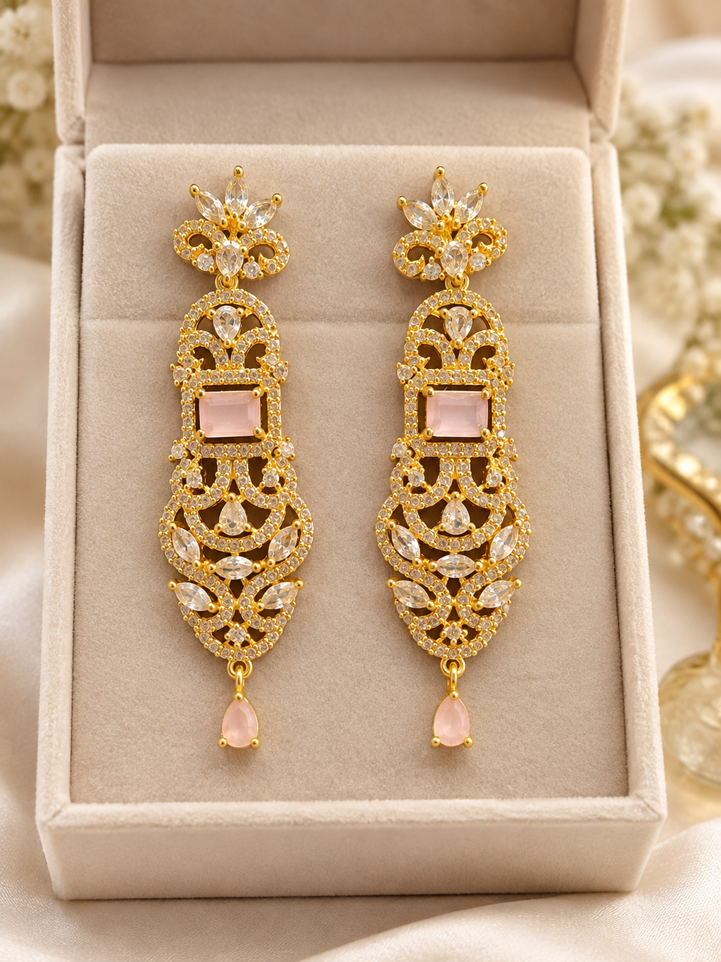 Blush Pink & Gold Crystal Long Drop Earrings | Ornate Bridal Statement Earrings