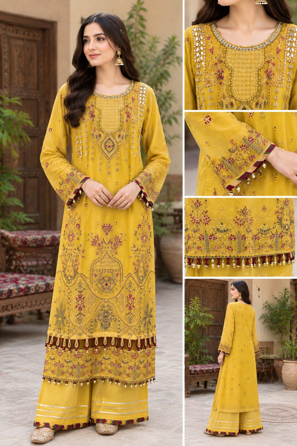 Embroidered mustard chiffon shirt and wide-leg palazzo detail views