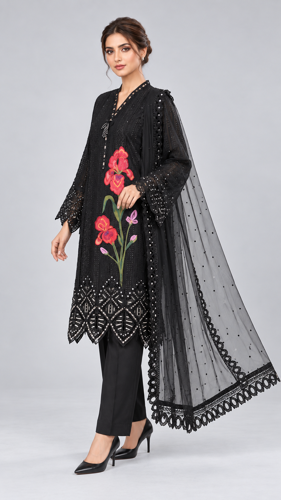Black Floral Chikankari Embroidered 3-Piece Suit, 9852