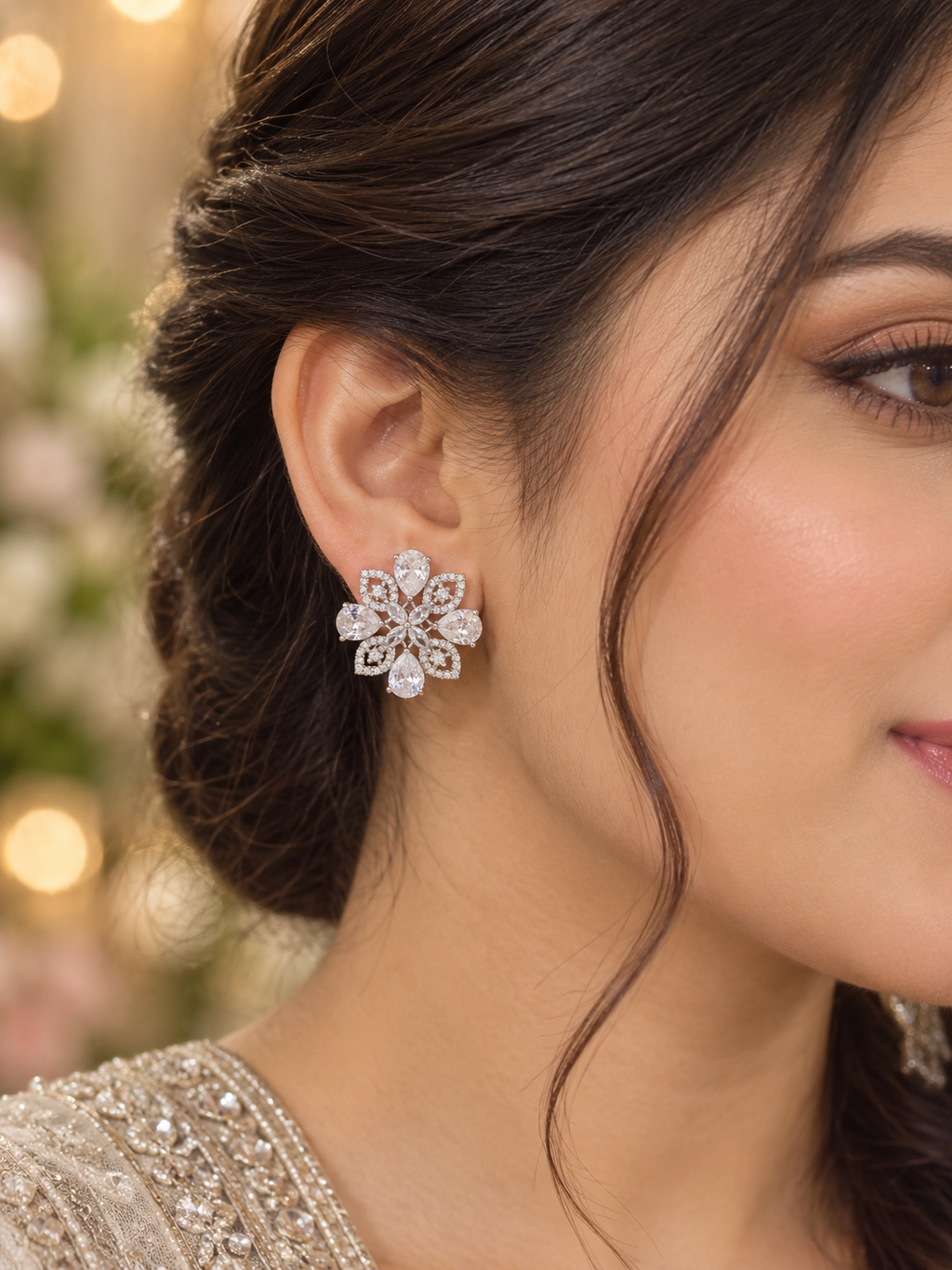 Silver Crystal Floral Stud Earrings | Elegant Teardrop Statement Earrings