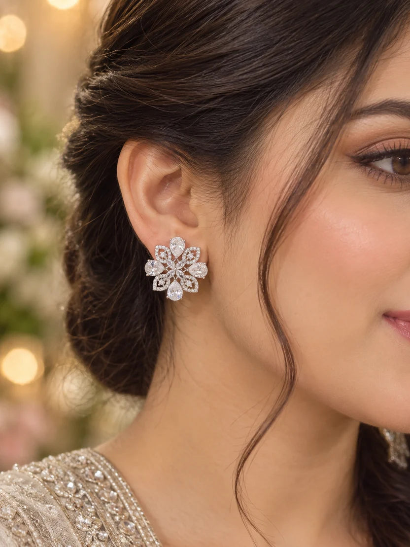 Floral Teardrop Crystal Statement Stud Earrings – 3 Colours