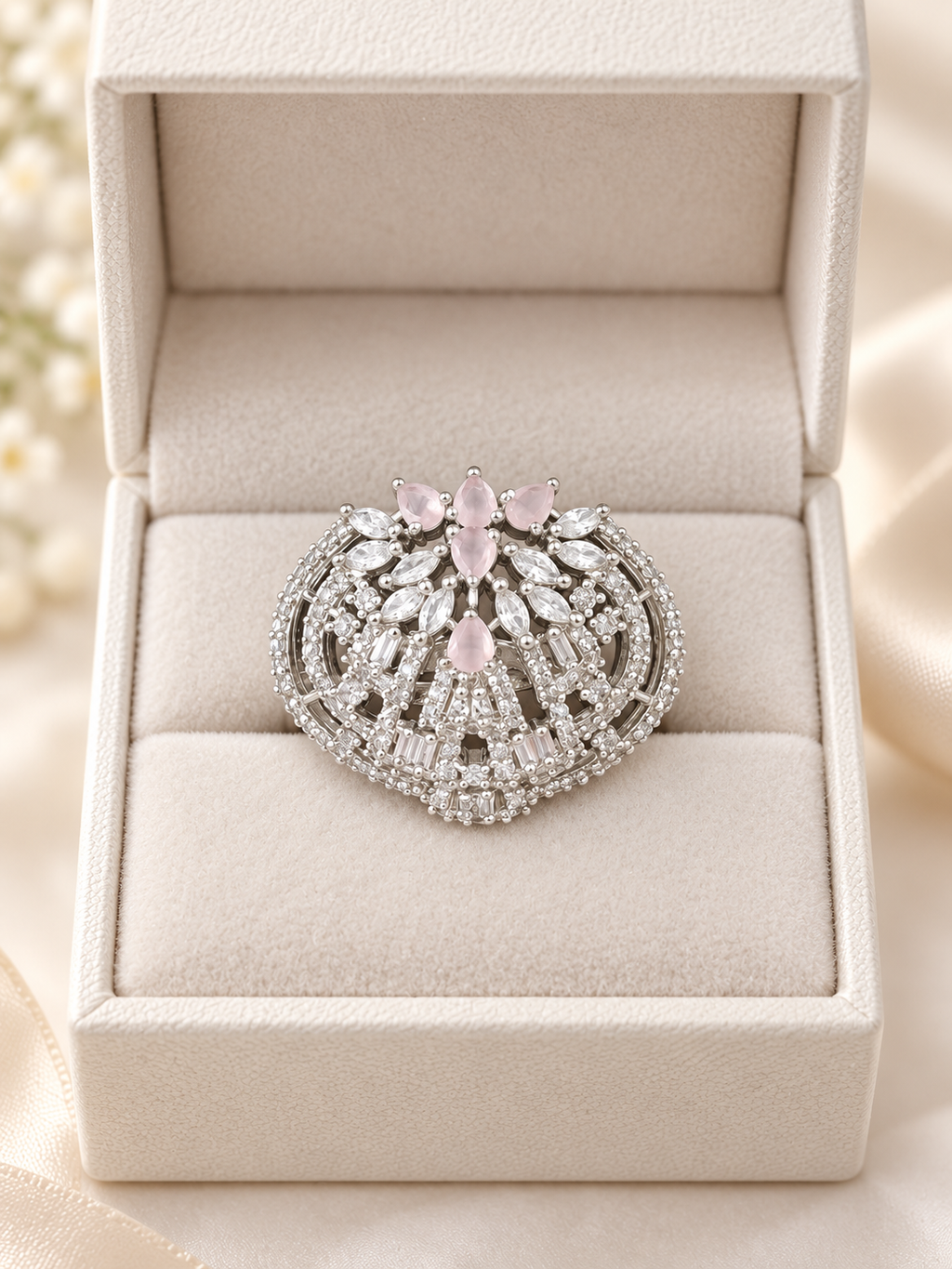 Luxury Silver-Tone Pink Crystal Statement Ring | Sparkling Floral Design