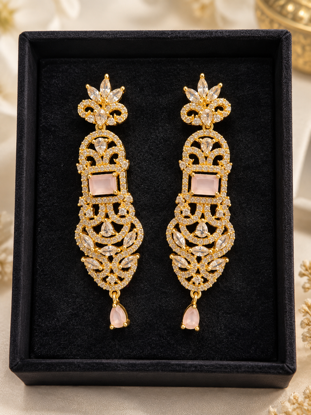Blush Pink & Gold Crystal Long Drop Earrings | Ornate Bridal Statement Earrings