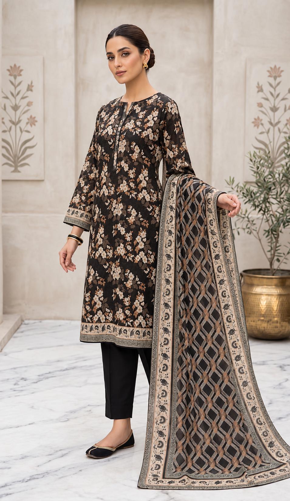 Black floral printed lawn three-piece suit with geometric printed lawn dupatta, front view