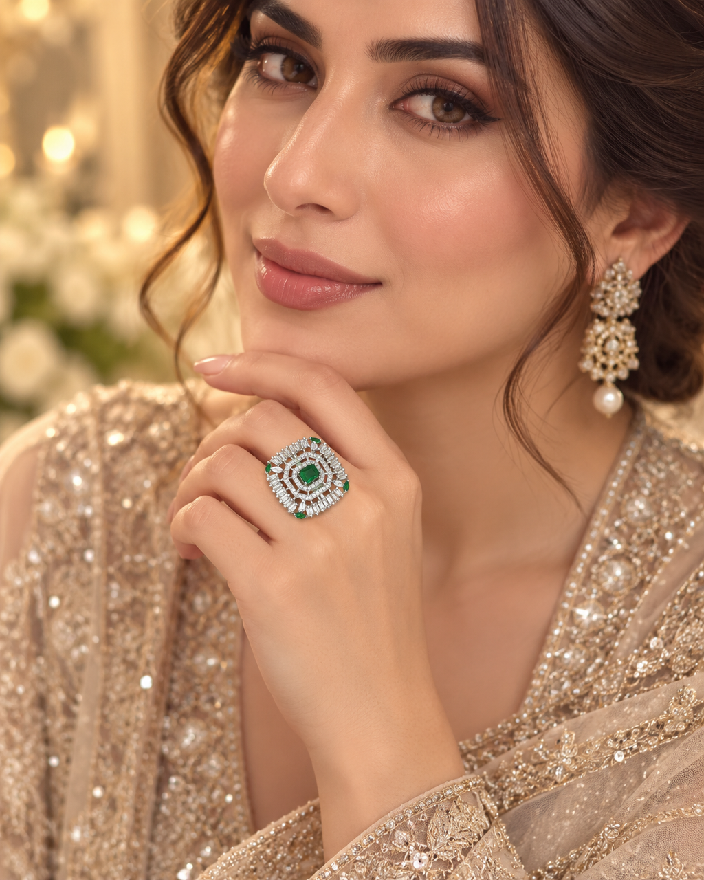 Emerald Green Crystal Statement Ring | Silver-Tone Geometric Halo Design