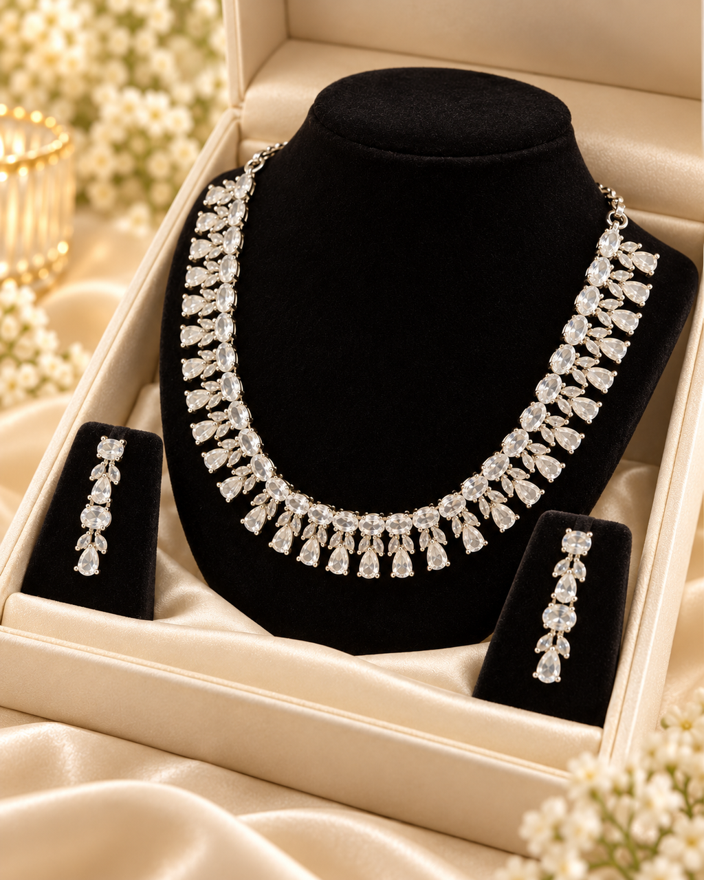 Angled view of silver-colour teardrop necklace with matching earrings