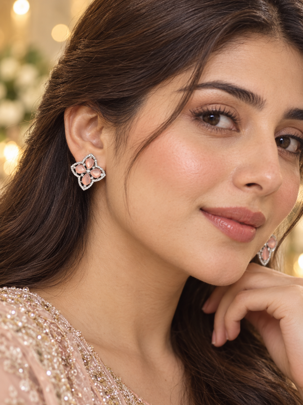 Blush Pink Floral Crystal Stud Earrings | Elegant Silver-Tone Statement Earrings