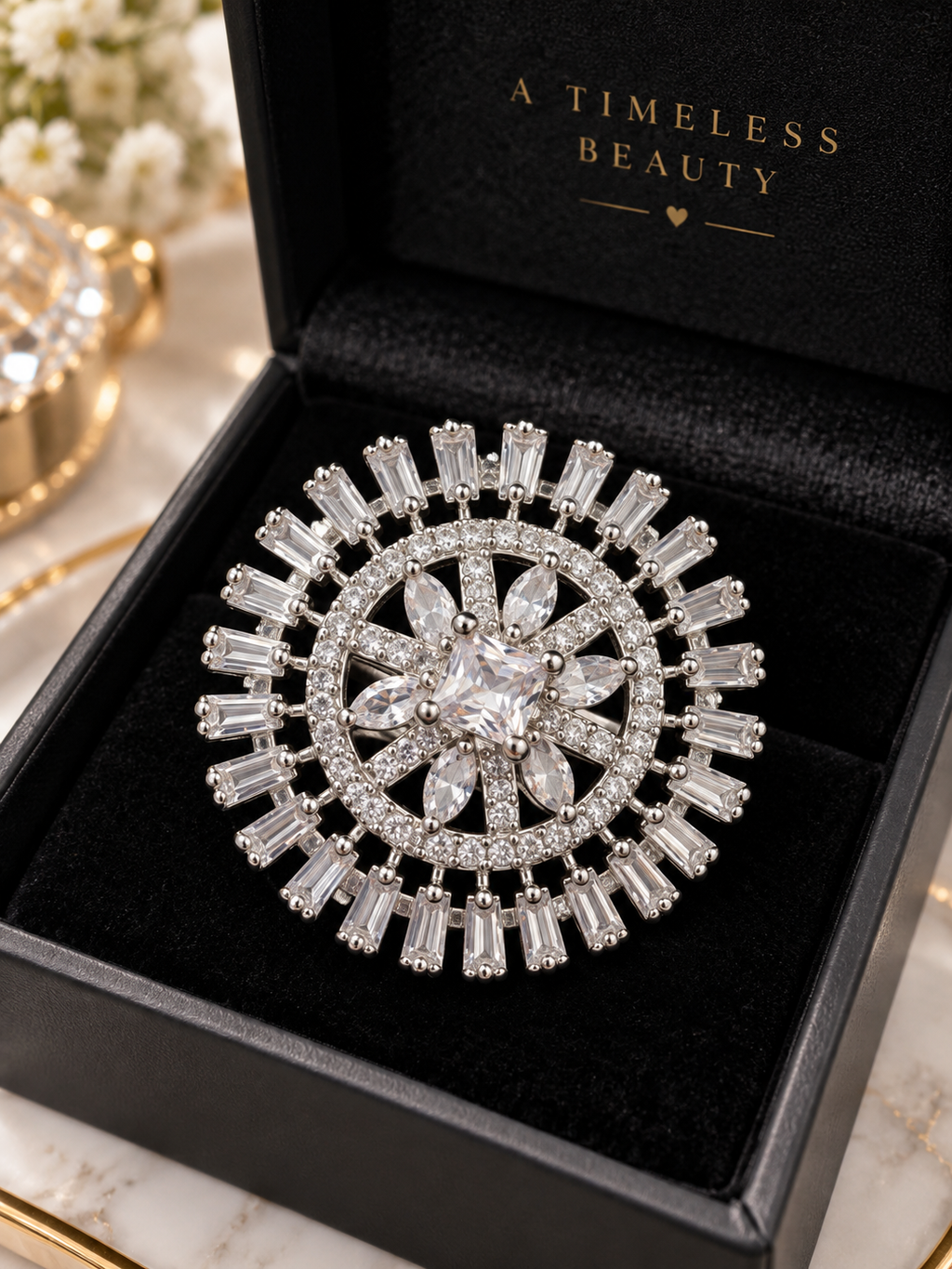 Silver Crystal Sunburst Statement Ring 029